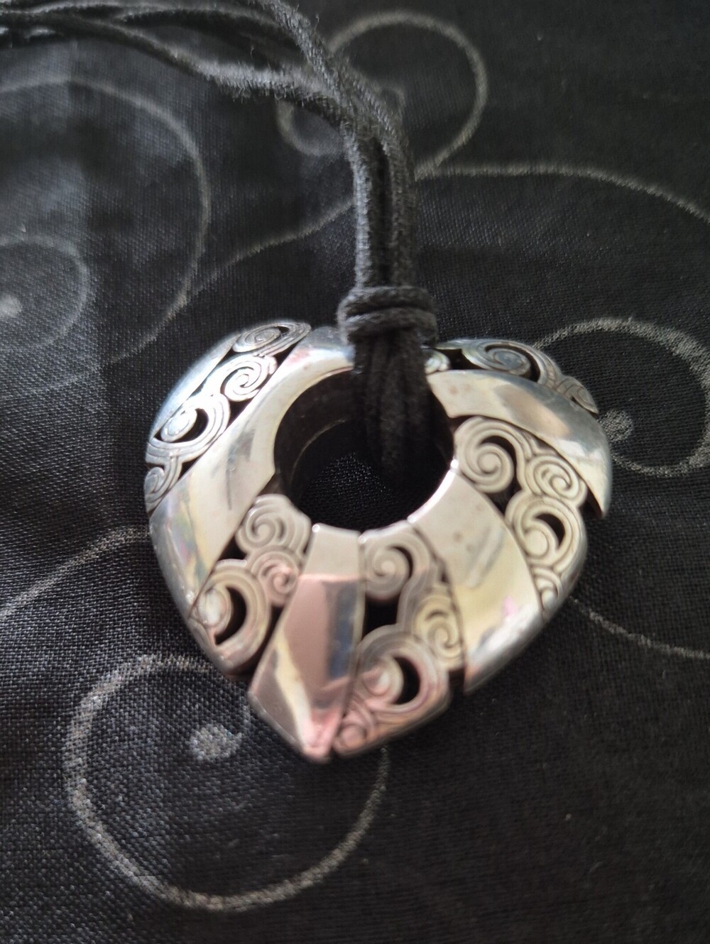 Silver-Tone Swirl Heart Pendant Necklace on Black Cord, No Stone